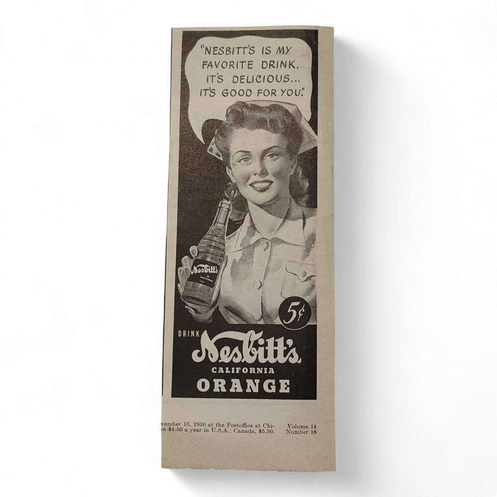 1943 Nesbitts Print Ad  Nurse Woman With Soda Bottle 1940s Beverage‎ Ephemera